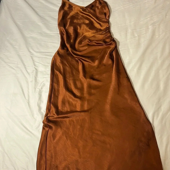 Satin Brown/Rust Sexy spaghetti strap Dress with Slit - Picture 1 of 13